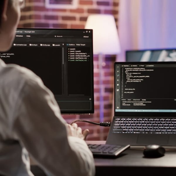 Person working on a desktop computer and laptop, with both screens displaying code in a dark room.
