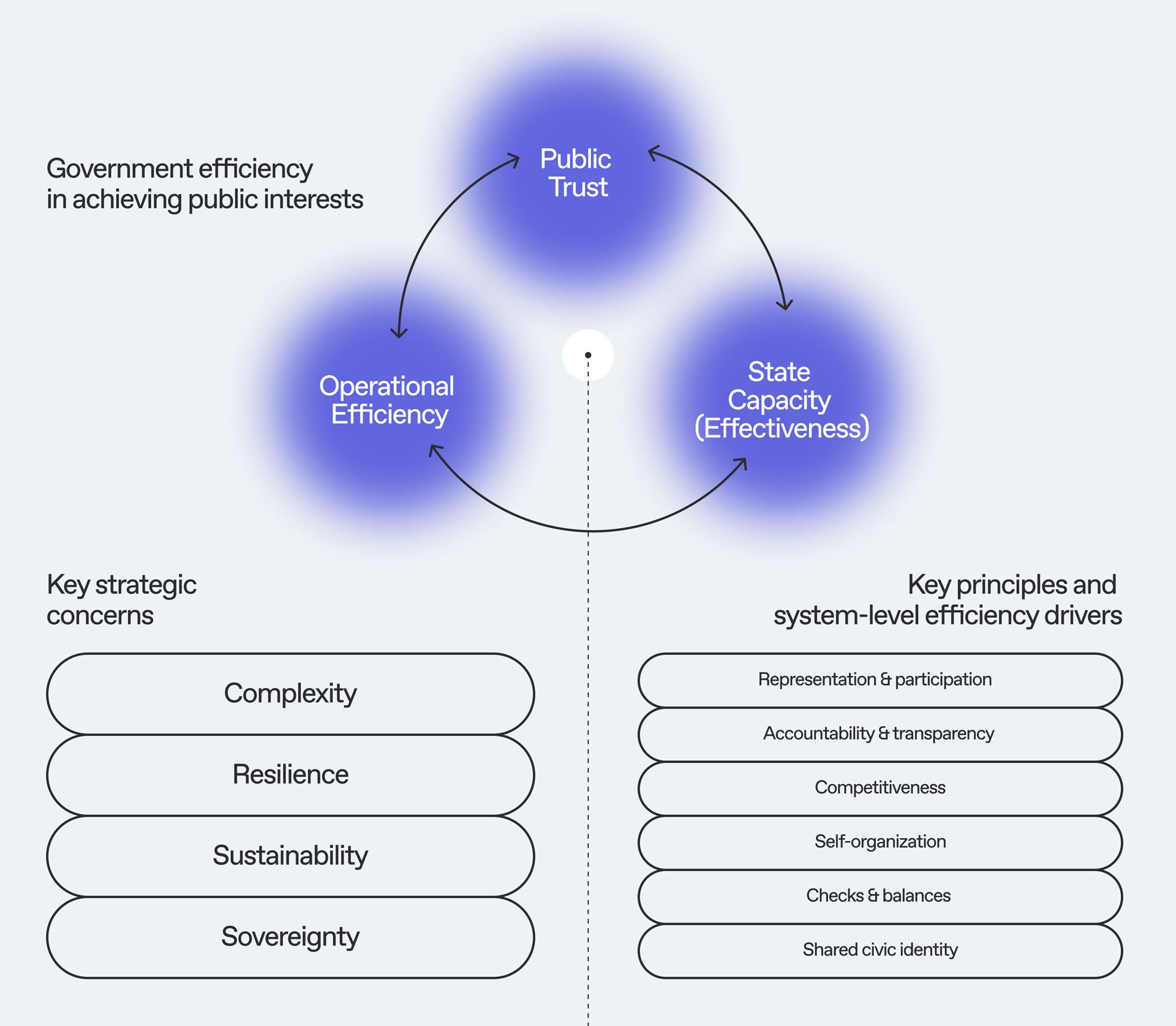 Diagram of government efficiency showing a cycle between Public Trust, State Capacity, and Operational Efficiency, with key concerns (complexity, resilience, sustainability, sovereignty) and principles like participation, transparency, competitiveness, and checks and balances.