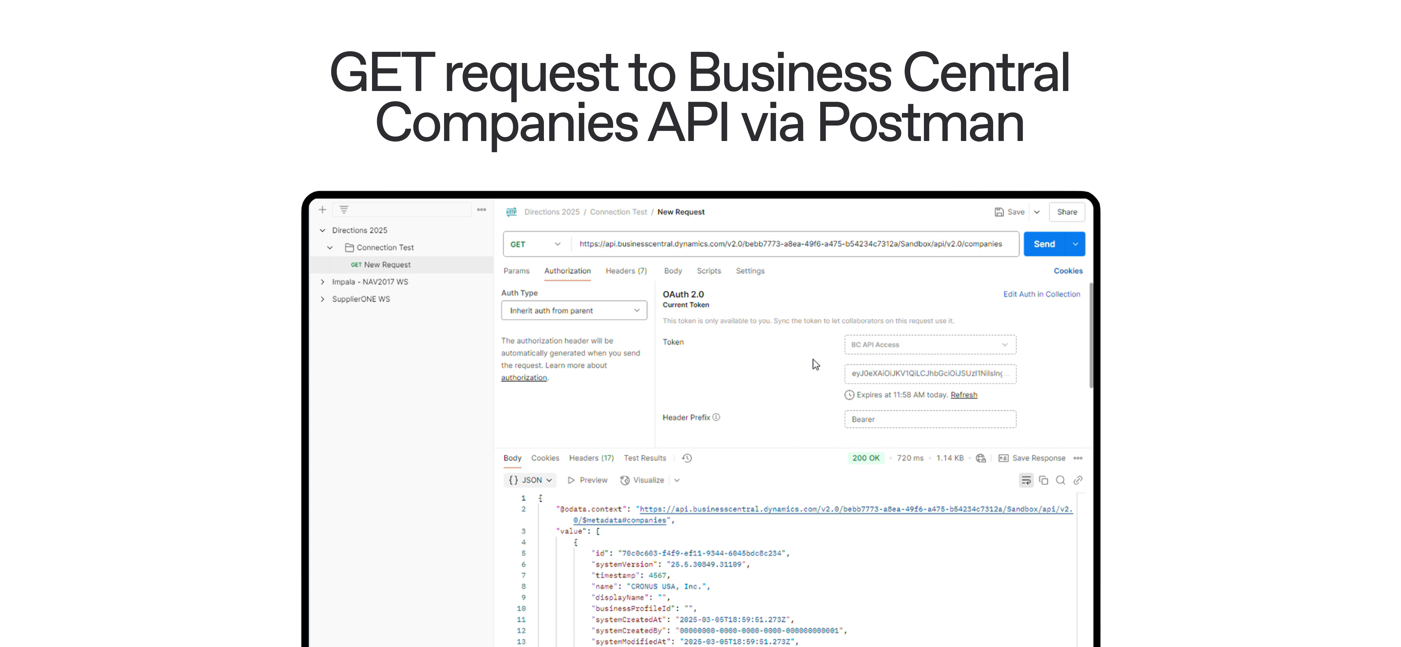 GET request to Business Central Companies API via Postman