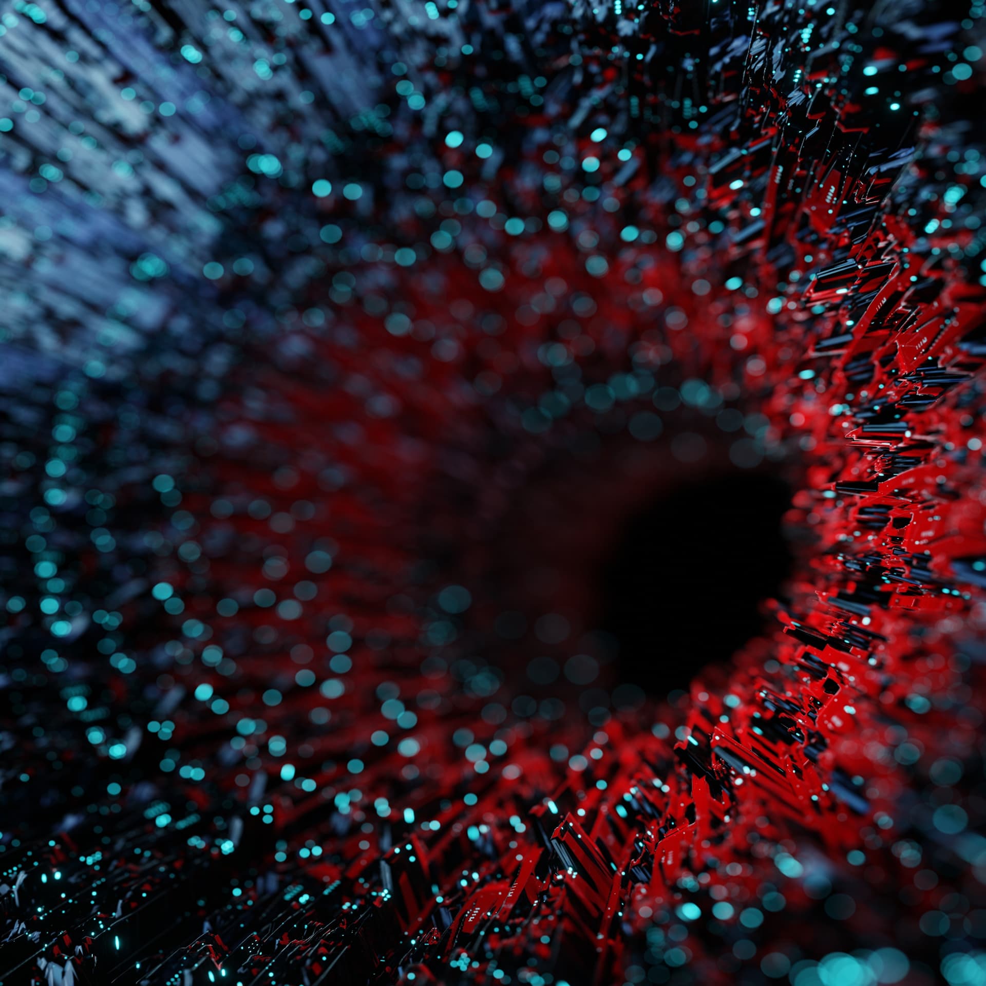Abstract digital tunnel or vortex rendered in deep red and black with bright turquoise, technological bokeh lights.
