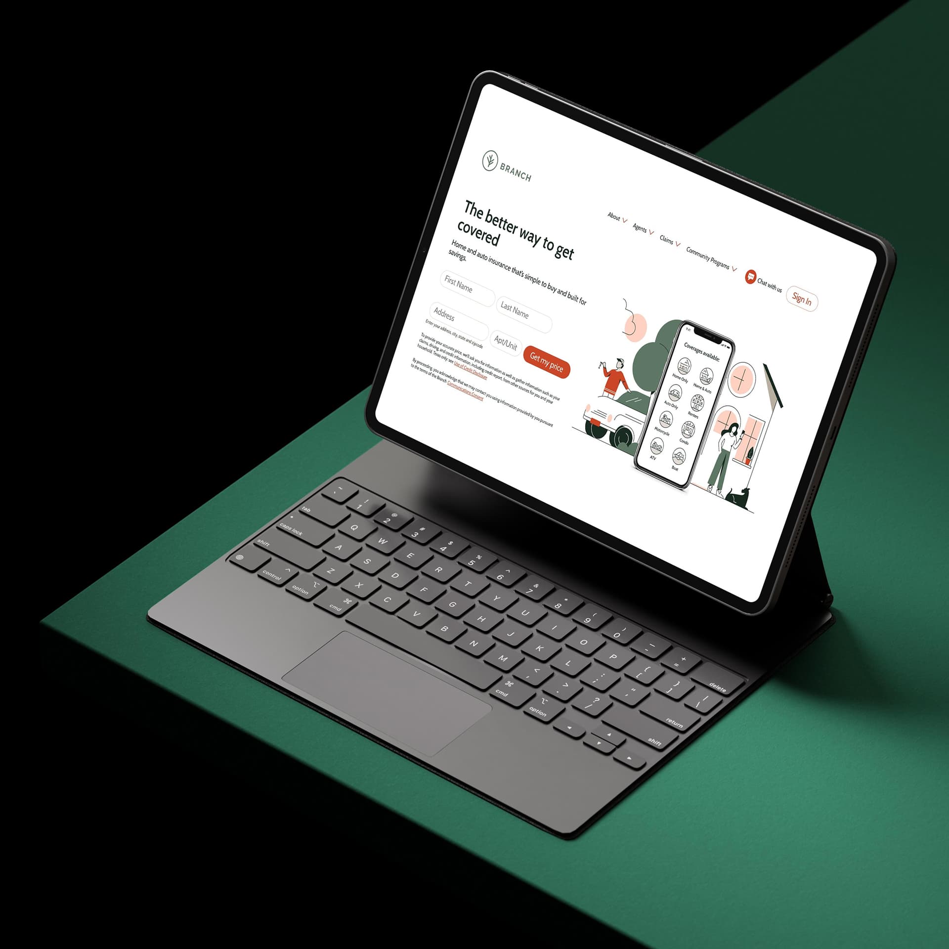 Tablet showing Branch insurance homepage with quote form and mobile app illustrations.