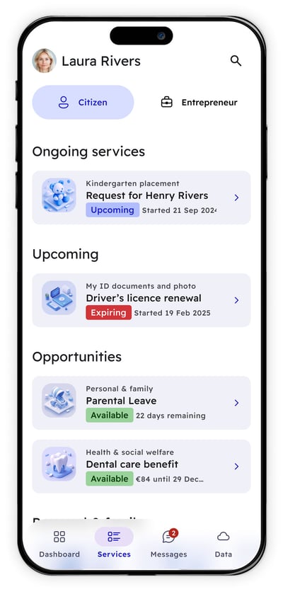 Mobile app mockup. On screen: citizen user on services tab with sections: Ongoing services, Upcoming, Opportunities