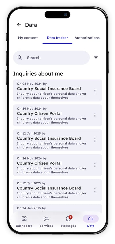 Mobile app mockup. On screen there are 3 tabs: My consent, Data tracker, Authorizations