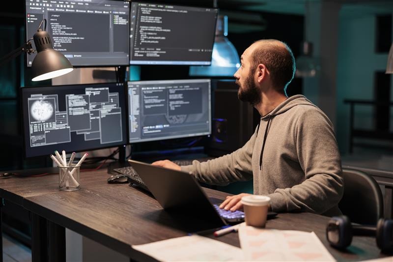 Image of a software developer coding on multiple monitors