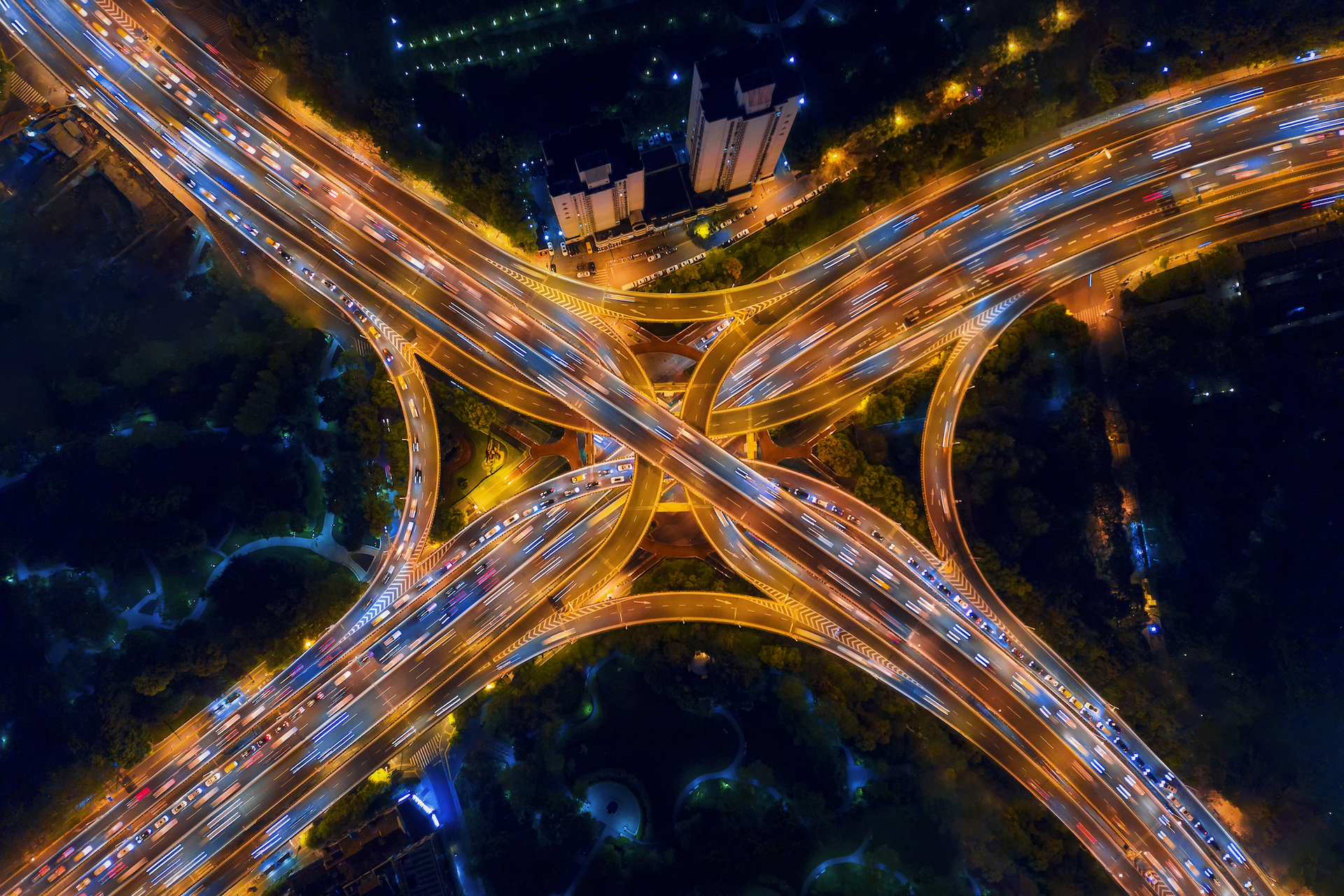 Aerial view of highway junctions representing x-road