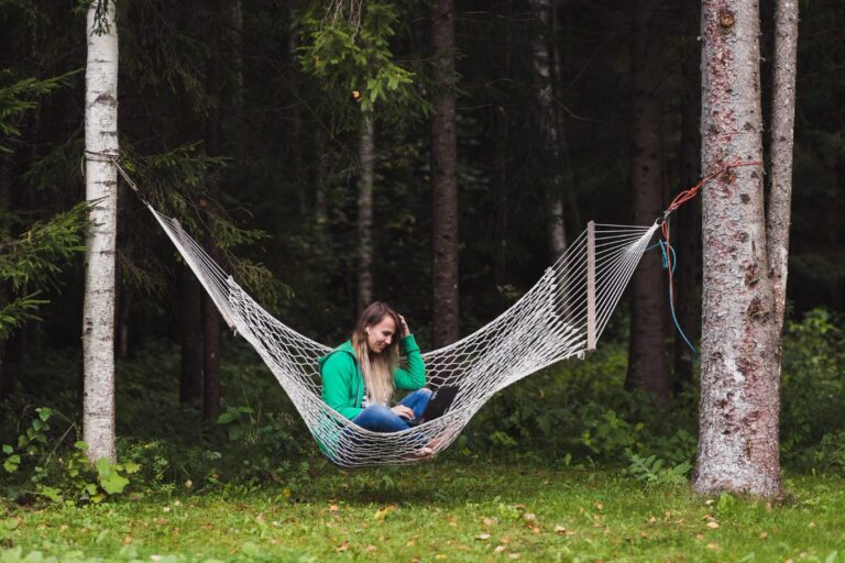 Person sitting in a hammock looking at a laptop