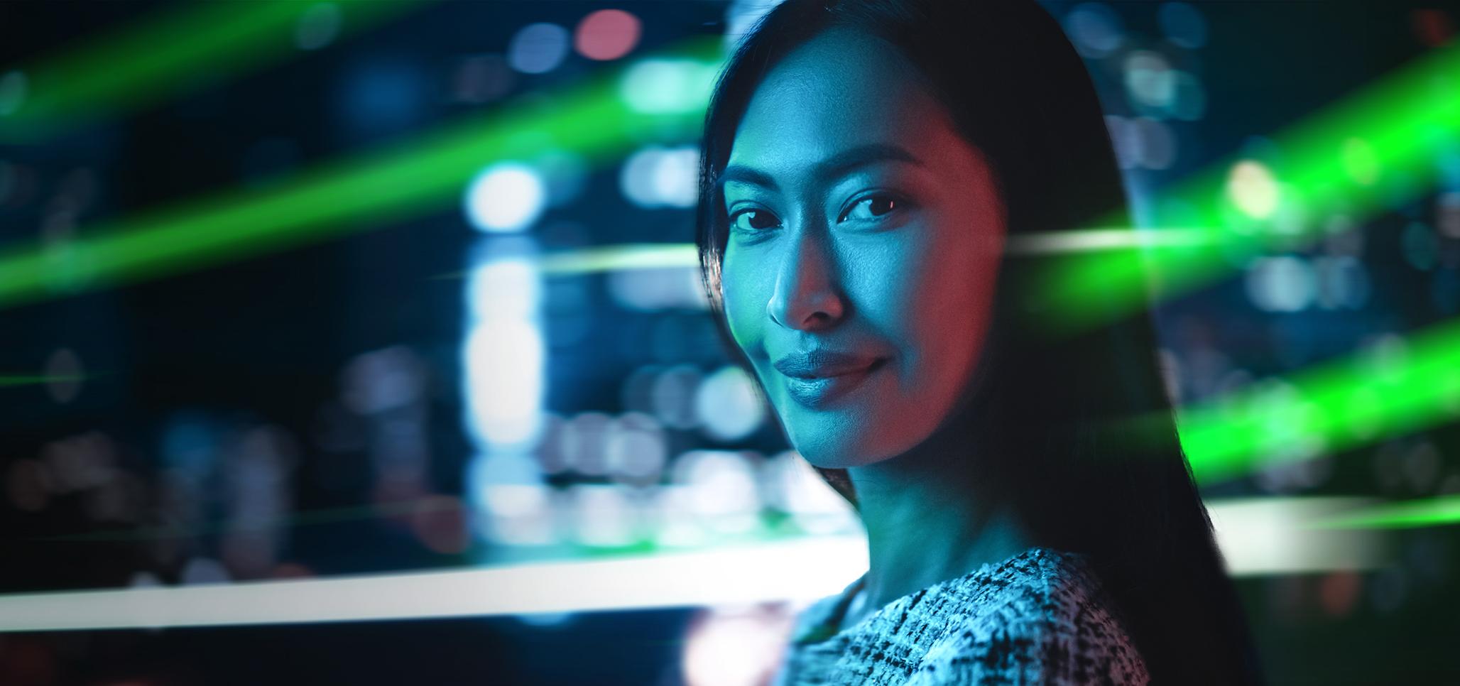 Asian woman looking into camera